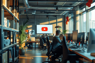 Logo de YouTube avec des éléments du GAFAM en arrière-plan