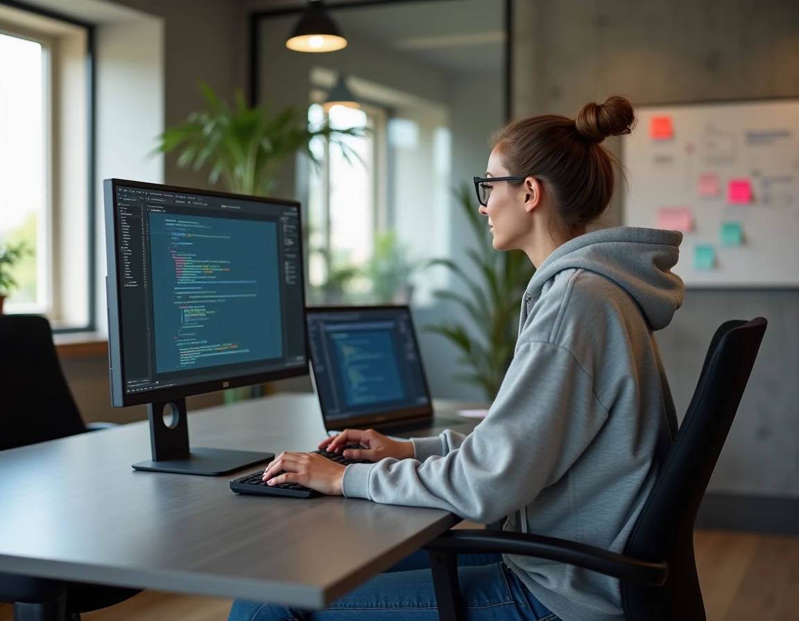 Développeuse web de A5sys à Tours codant sur un grand écran dans un bureau de type studio agile