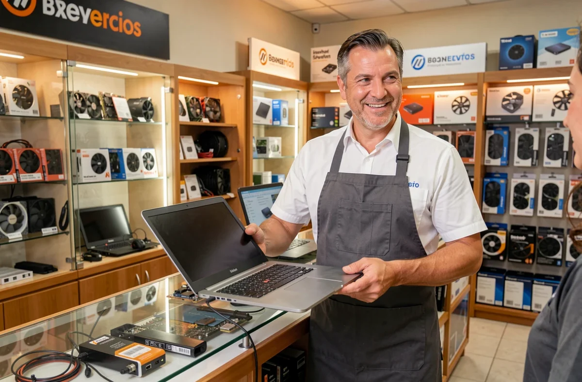 Technicien d'Abox Informatique remettant un ordinateur réparé à un client dans la boutique