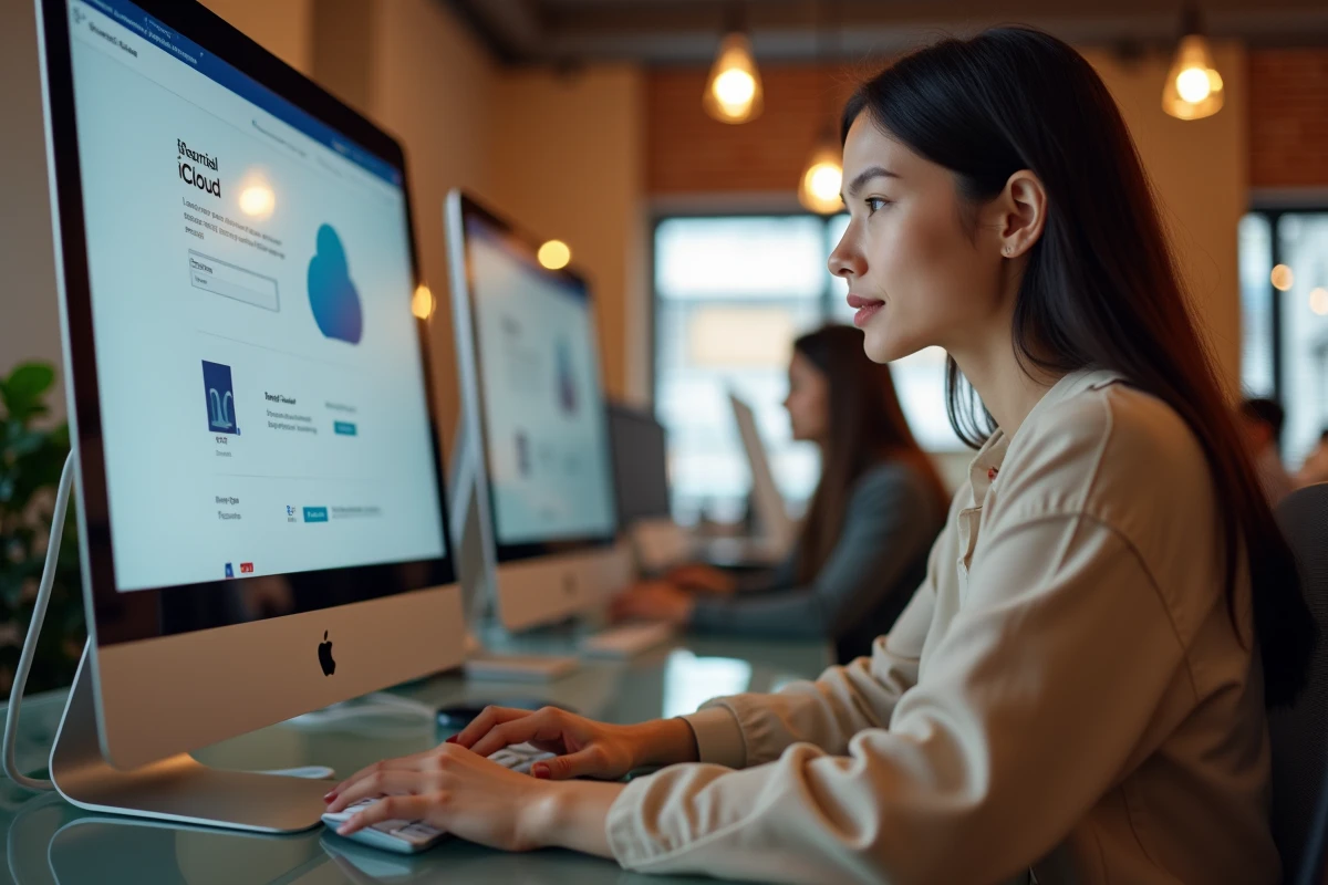 Femme accédant à iCloud Find My depuis un ordinateur de bureau Windows dans un espace de coworking