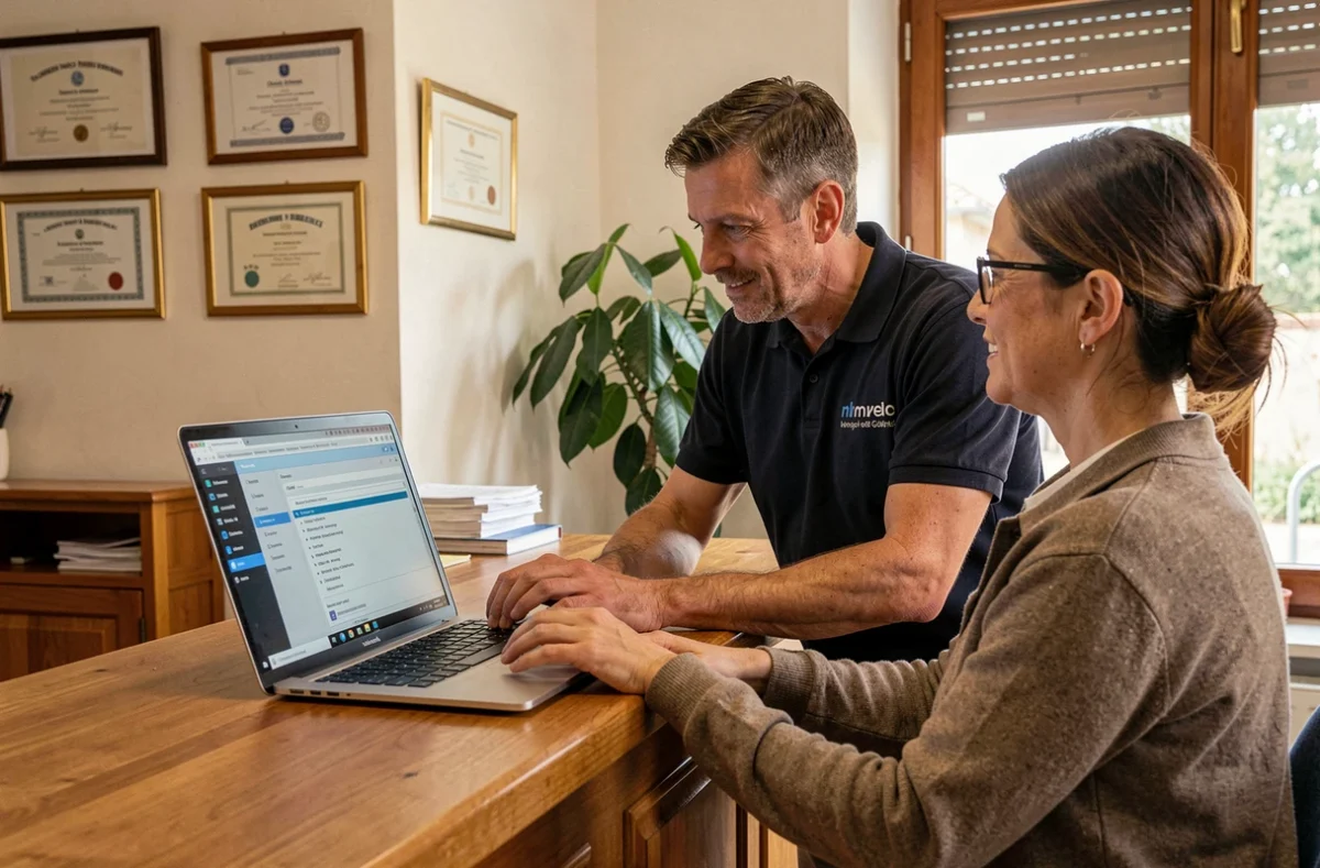 Spécialiste d'ACS Informatique assistant un client local dans la configuration d'un pare-feu sur ordinateur portable