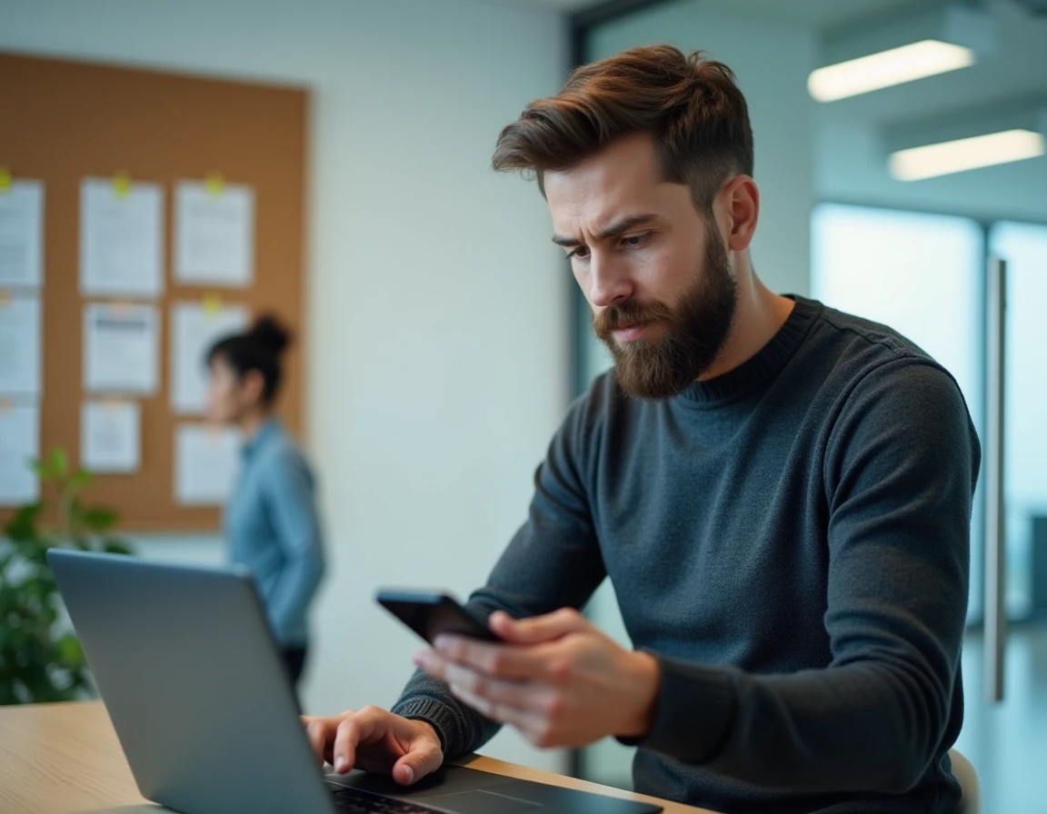 Agent informatique comparant deux interfaces de messagerie sur laptop et smartphone dans un open space administratif