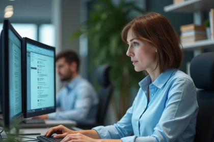 Agente administrative consultant sa messagerie professionnelle sur double écran dans un bureau gouvernemental moderne