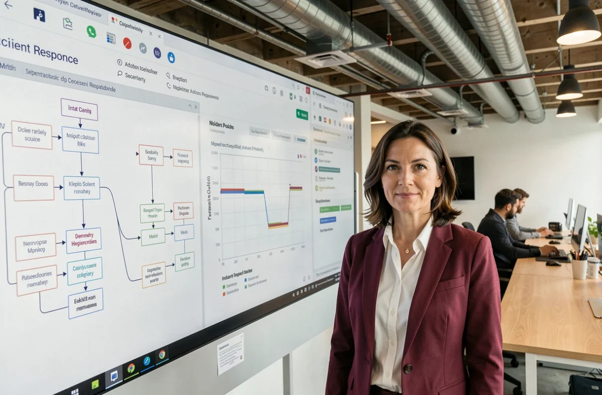 Cheffe de projet d'Aktea présentant des diagrammes de réponse aux incidents sur un tableau numérique collaboratif