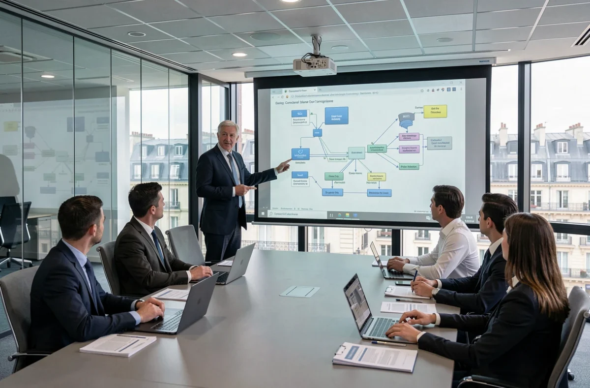 Directeur de projet d'Alteca Groupe présentant une architecture informatique grande échelle dans une salle de conseil moderne