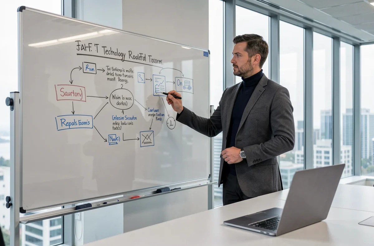 Consultant d'Améthis Technologies présentant une feuille de route technologique dans une salle de réunion moderne