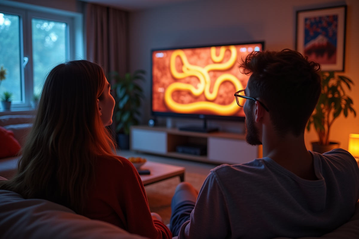 Amis regardant un jeu snake vibrant dans un salon chaleureux