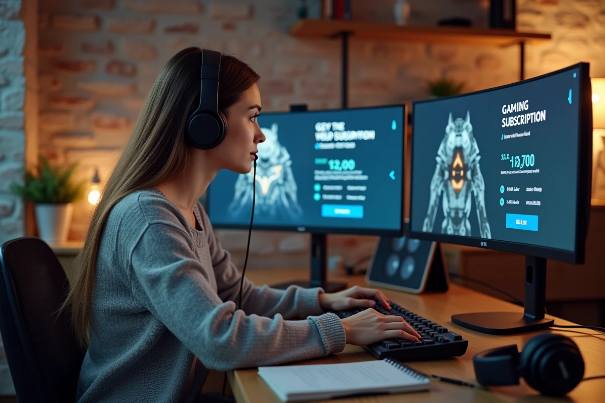 Femme analysant les tarifs et avantages de Games Prime face au Xbox Game Pass sur ordinateur