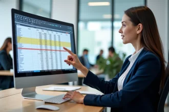 Femme analyste pointant des doublons dans un tableau croisé dynamique Excel sur un écran de bureau en open space