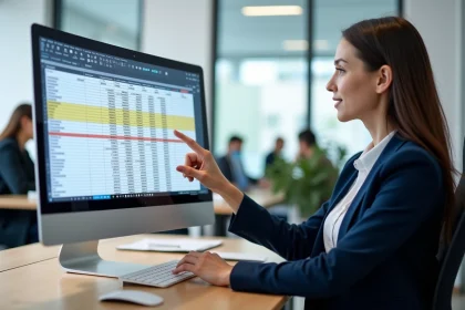 Femme analyste pointant des doublons dans un tableau croisé dynamique Excel sur un écran de bureau en open space