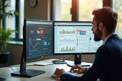 Professionnel marketing analysant une campagne YouTube sur un ordinateur