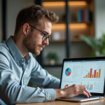 Homme concentré analysant des graphiques SEO sur son ordinateur