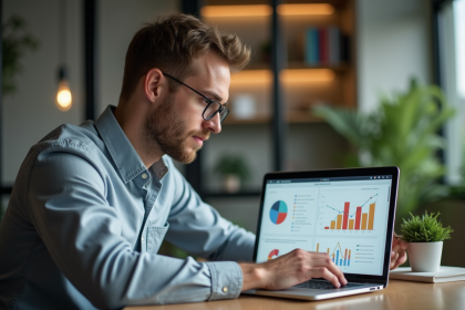 Homme concentré analysant des graphiques SEO sur son ordinateur
