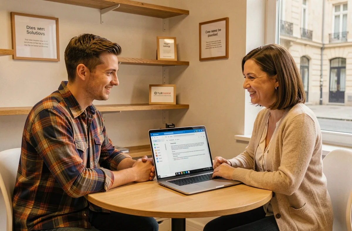 Conseiller d'APS Solutions Informatiques présentant une solution sur mesure à une dirigeante de TPE ou PME