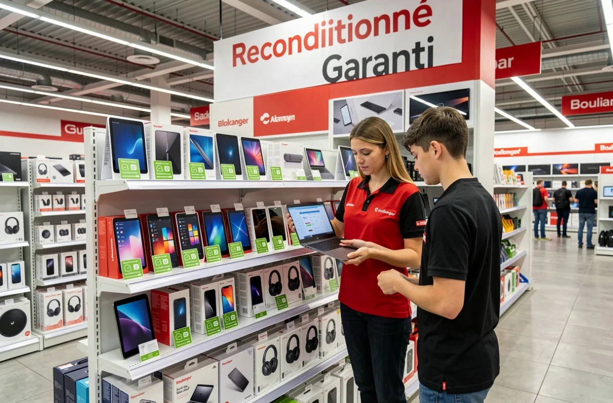 Section reconditionnée certifiée du magasin Boulanger à Saint-Pierre-des-Corps avec une vendeuse conseillant un client