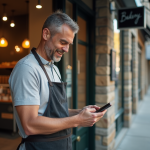 Homme boulanger dehors sa boutique avec smartphone
