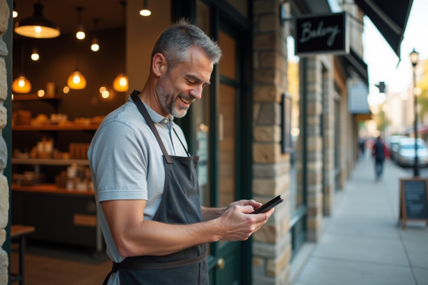 Homme boulanger dehors sa boutique avec smartphone