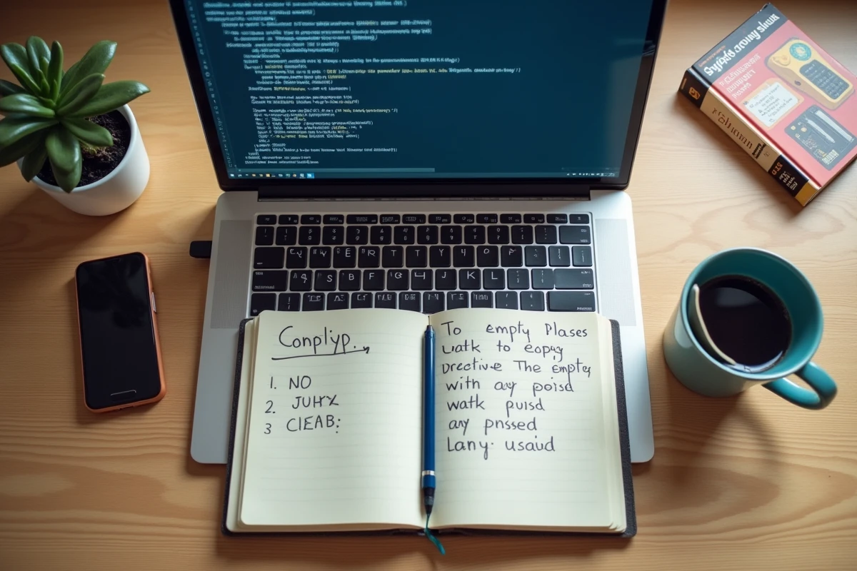 Vue aérienne d'un bureau de développeur avec terminal affichant une erreur de commande popd et notes manuscrites sur les commandes shell