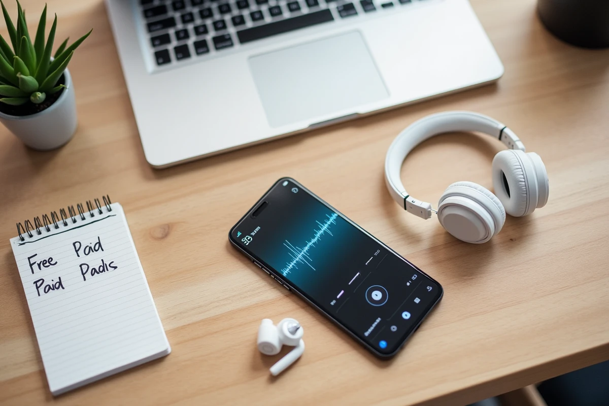 Vue de dessus d'un bureau avec casque audio, smartphone et notes manuscrites sur les outils de conversion MP3 gratuits et payants