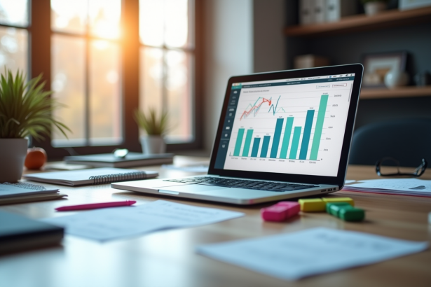 Bureau professionnel avec ordinateur affichant des analyses SEO