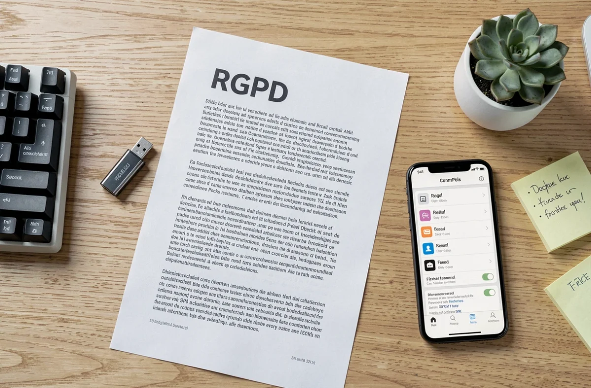 Vue aérienne d'un bureau avec un document RGPD imprimé, une clé USB et un smartphone affichant une interface de conversion ODT en DOCX, symbolisant la confidentialité des données