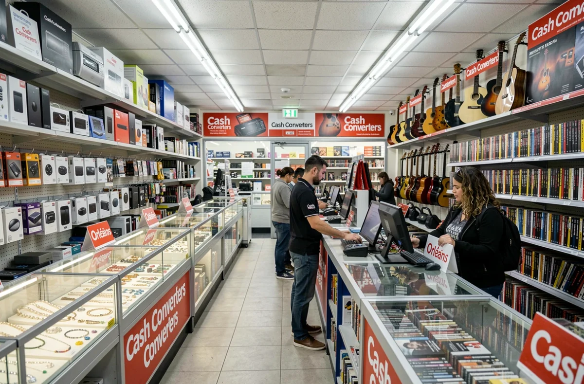 Intérieur du Cash Converters d'Orléans, généraliste de la seconde vie avec rayons multimédia, bijoux et instruments