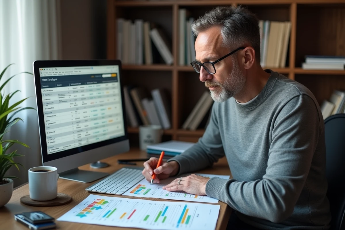 Chef de produit analysant seul un tableau comparatif de fonctionnalités sur papier et écran d'ordinateur portable