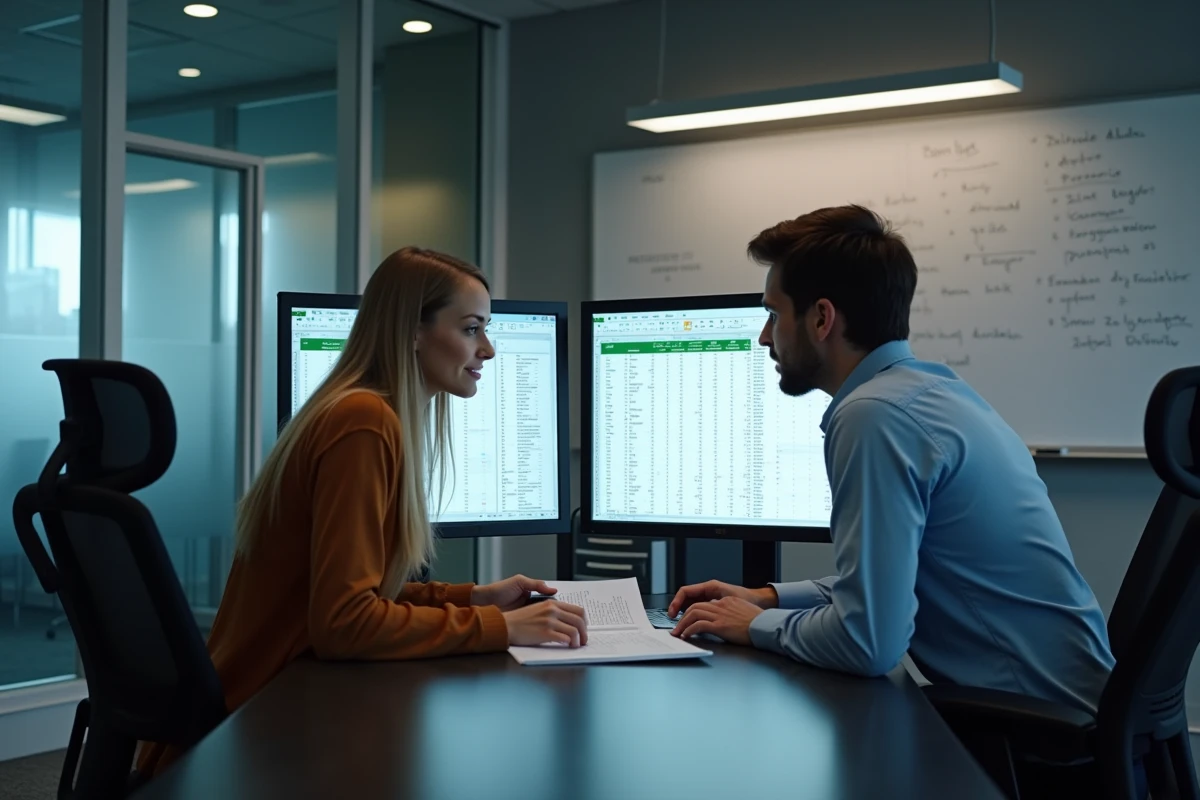 Deux collègues collaborant pour repérer des doublons dans un tableau croisé dynamique Excel sur double écran en salle de réunion