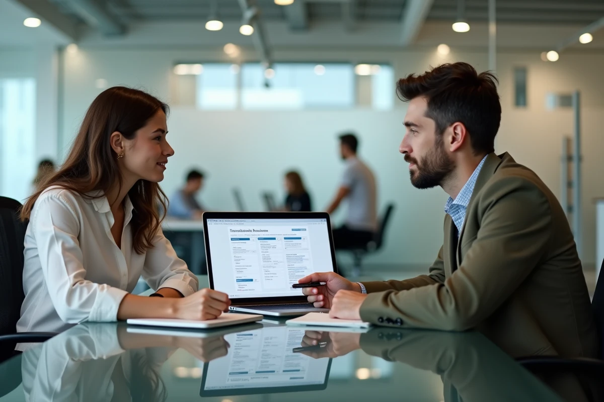 Deux collègues collaborant sur une révision de traduction assistée par ordinateur dans un espace de coworking moderne