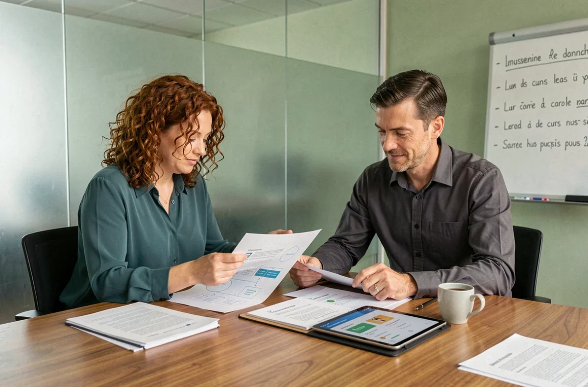 Deux collègues analysant les changements d'interface Econnect MRS dans une salle de réunion professionnelle