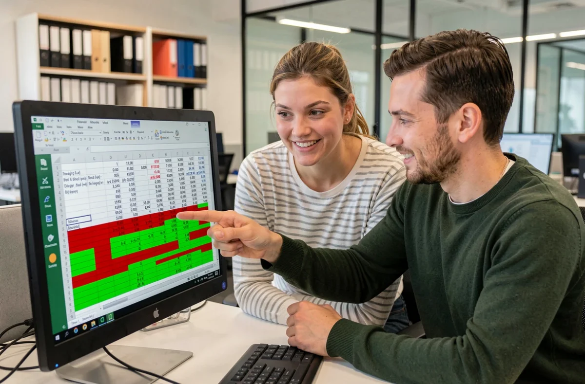Deux collègues collaborant sur un fichier Excel avec formules de soustraction et mise en forme conditionnelle dans un espace de coworking