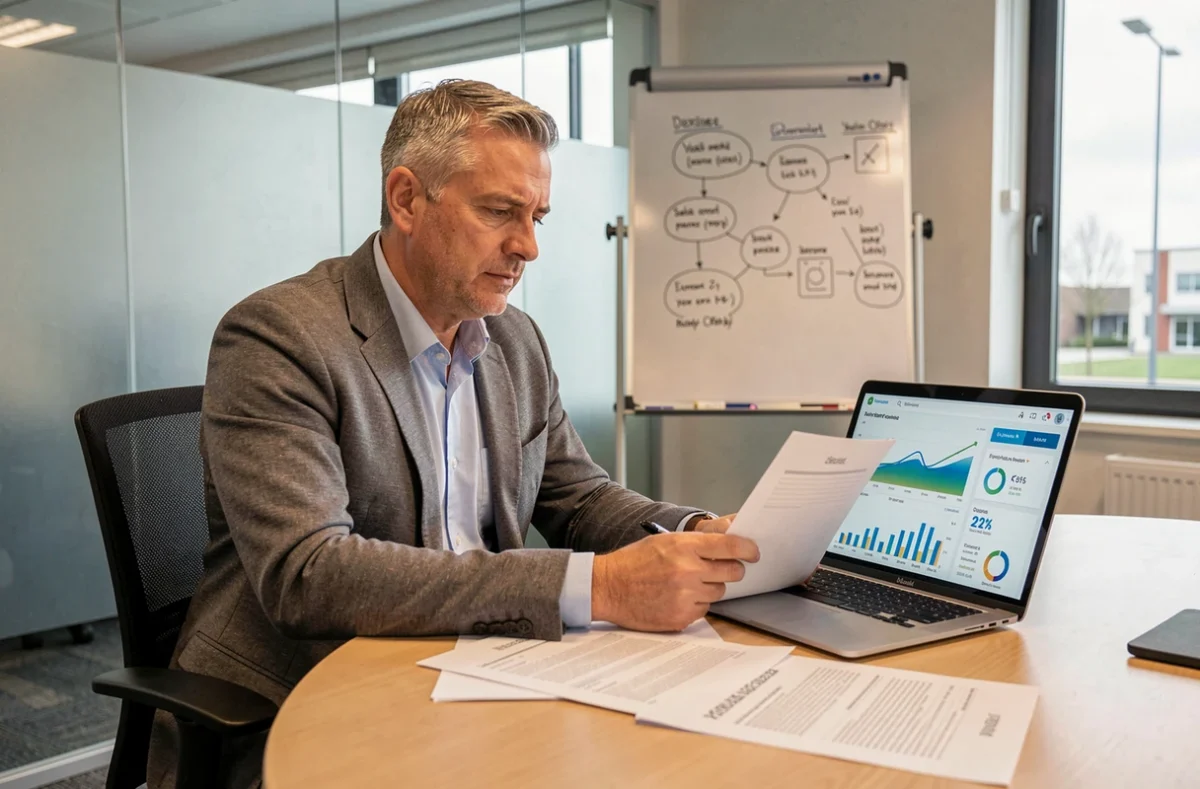 Stratège en marketing digital de Cometocom analysant des tableaux de bord de campagne digitale dans une salle de réunion professionnelle