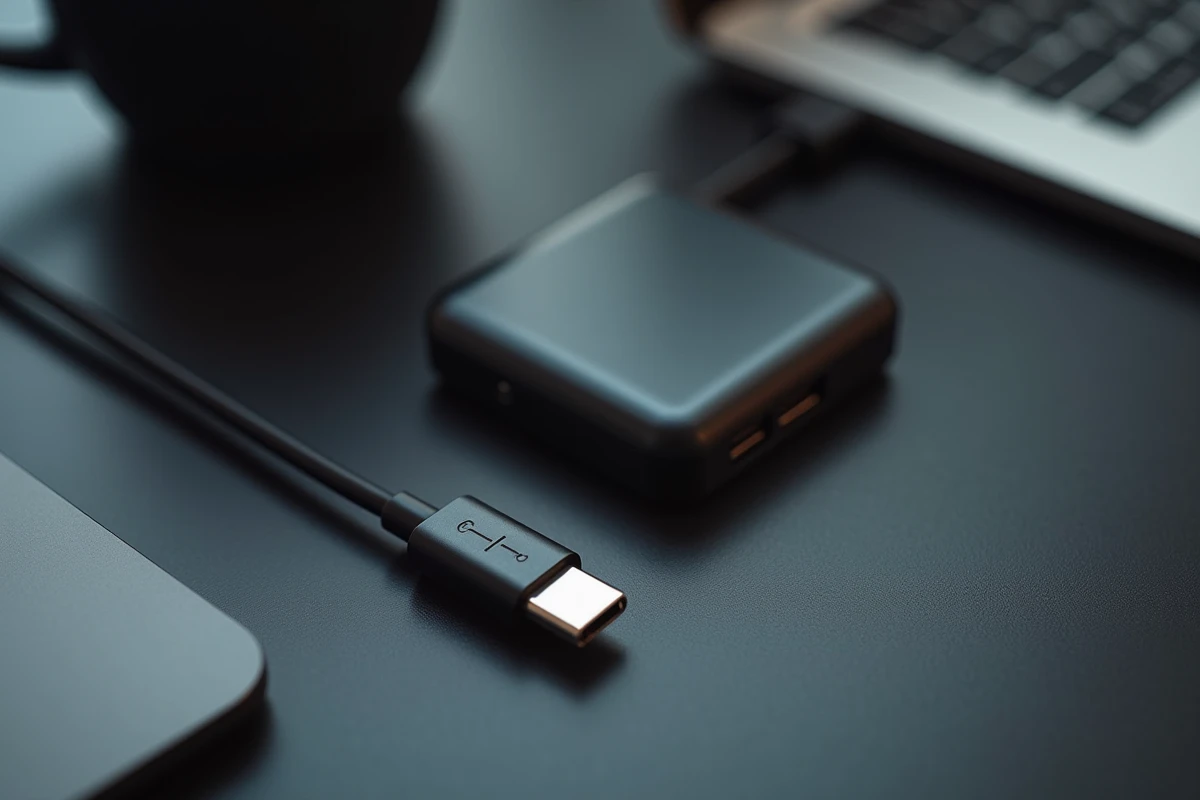 Comparaison côte à côte d'un câble USB-C et d'un câble USB-A sur un bureau de bureau avec adaptateur multiport