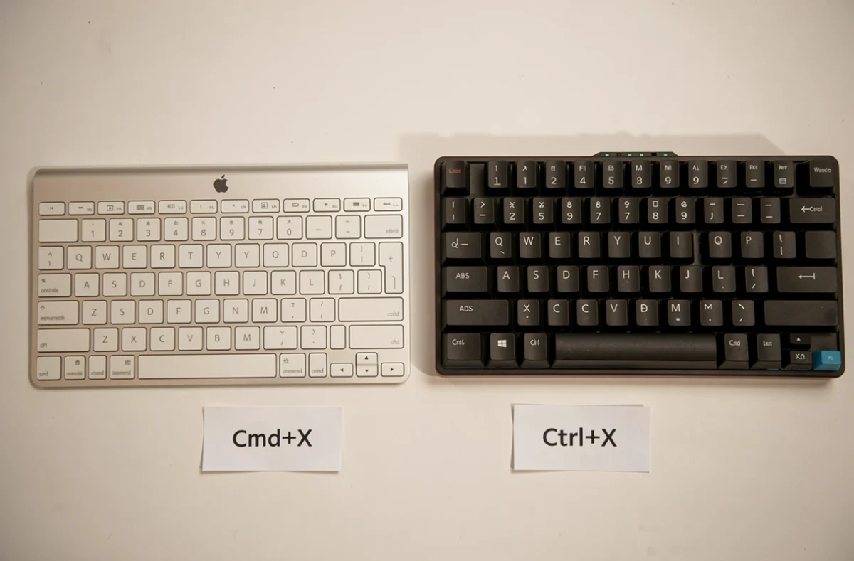 Comparaison côte à côte d'un clavier Mac et d'un clavier Windows montrant les raccourcis couper Cmd+X et Ctrl+X