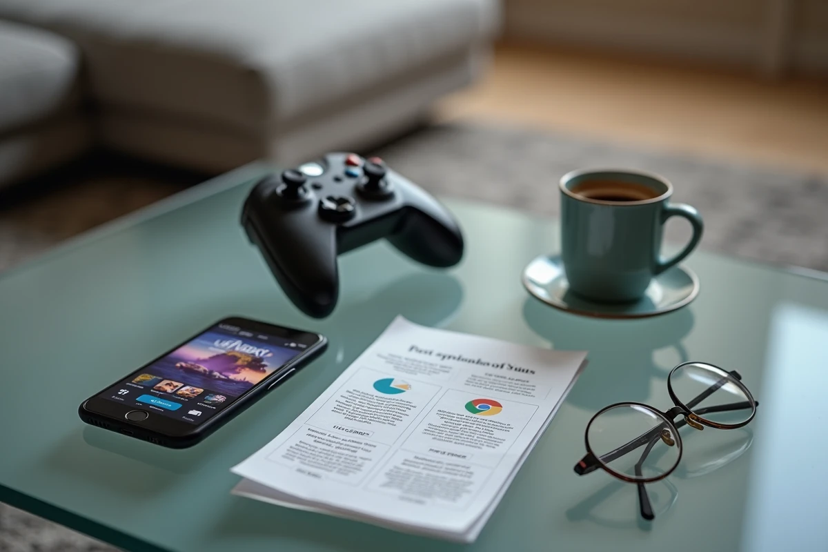 Manette de jeu et smartphone affichant une comparaison entre Games Prime et Xbox Game Pass sur une table basse