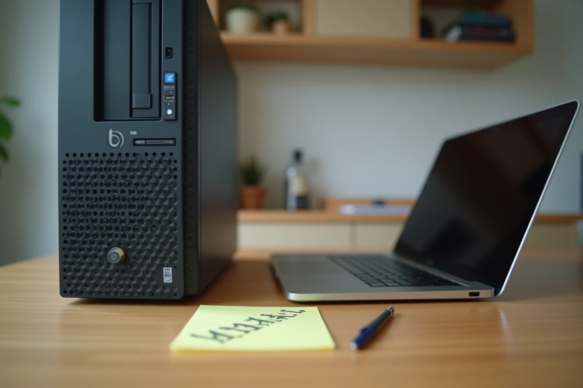 Bureau familial avec un ordinateur fixe et un ordinateur portable côte à côte pour comparer les deux options d'achat