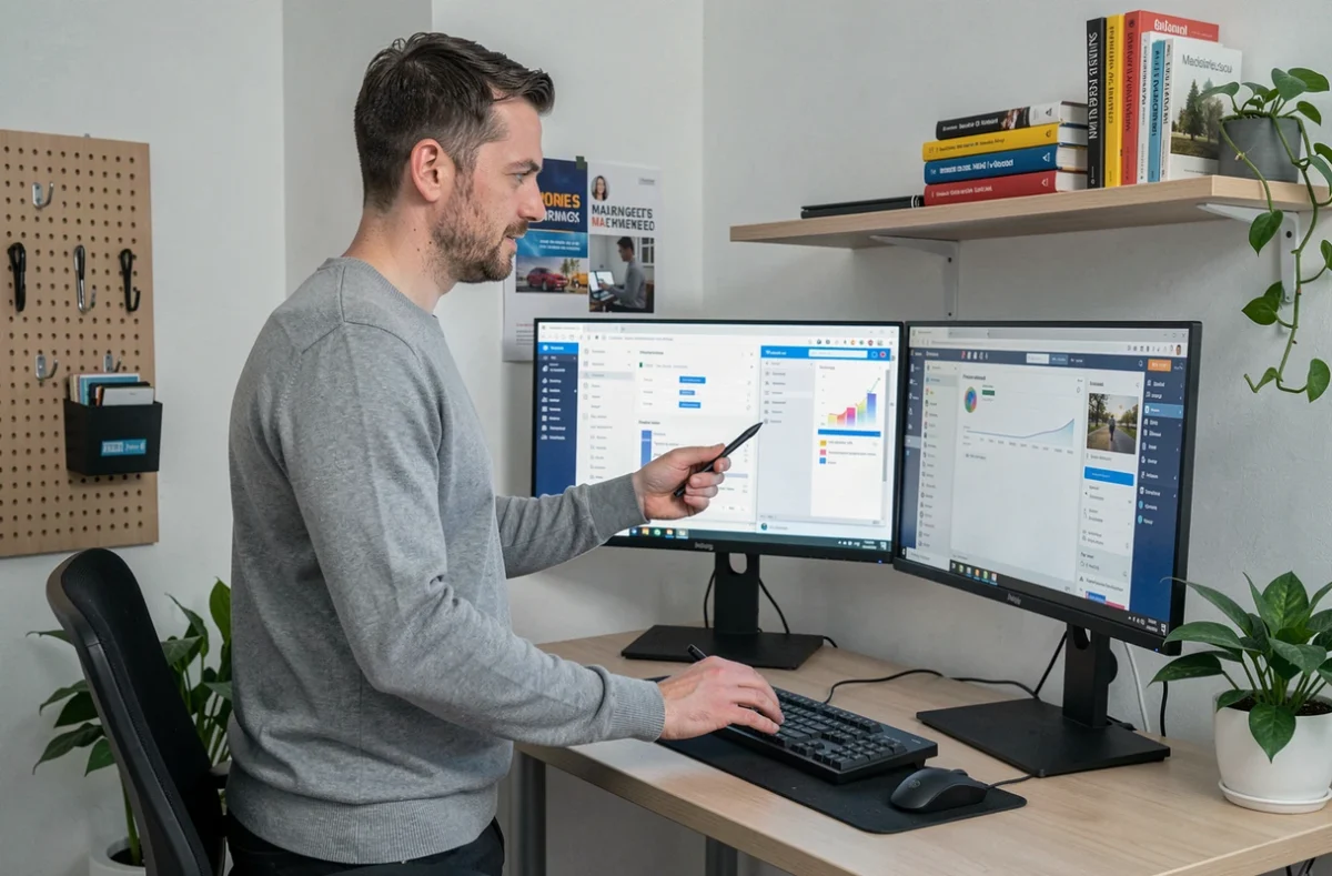 Entrepreneur en télétravail comparant deux solutions logicielles d'emailing sur double écran dans un bureau à domicile