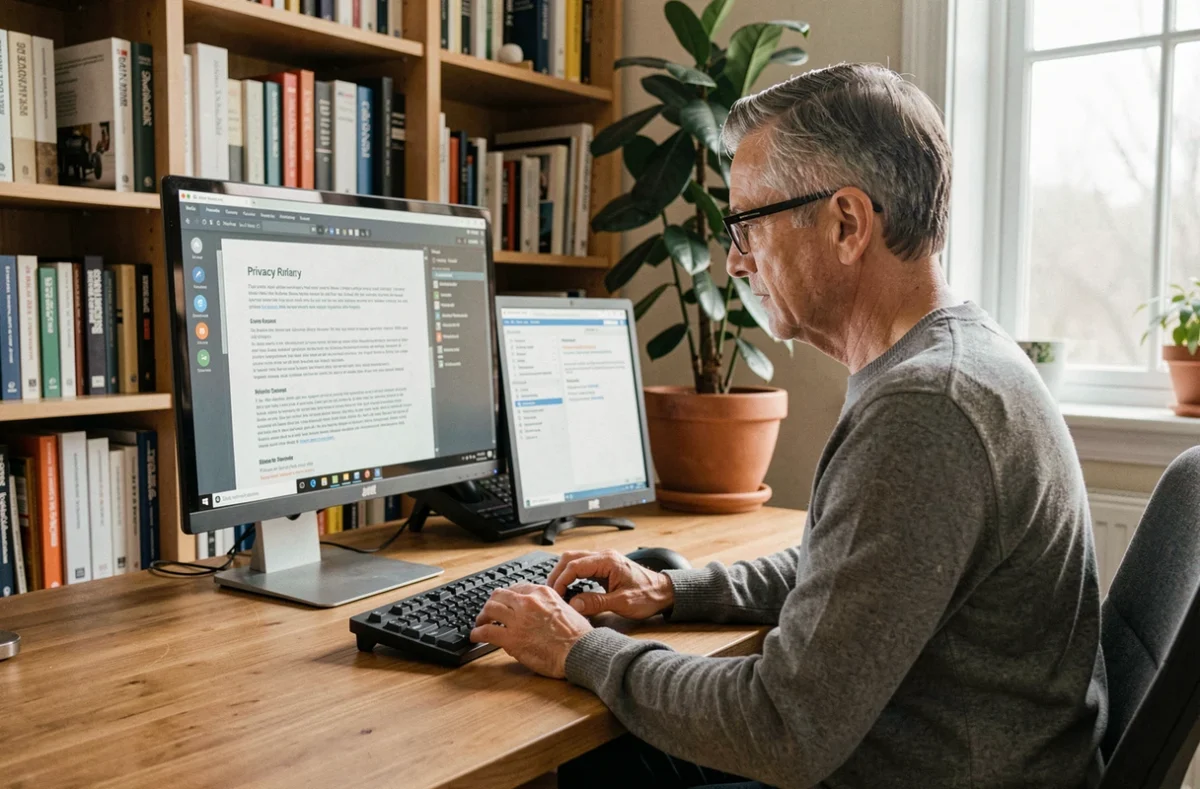 Homme en télétravail analysant une politique de confidentialité lors de la conversion d'un fichier ODT en DOCX, illustrant les enjeux RGPD des outils en ligne