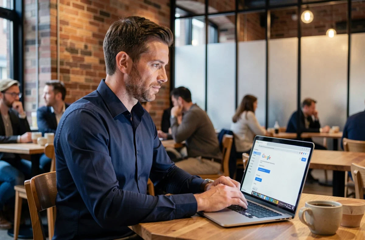 Homme gérant ses paramètres de confidentialité Google sur un ordinateur portable dans un café urbain
