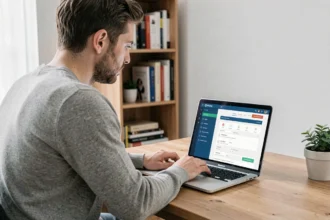 Homme configurant l'interface Freebox OS sur son ordinateur portable dans un bureau à domicile