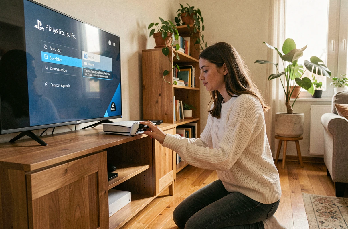 Femme configurant une console PS5 neuve et accédant aux options d'accessibilité pour désactiver la synthèse vocale lors de la première utilisation