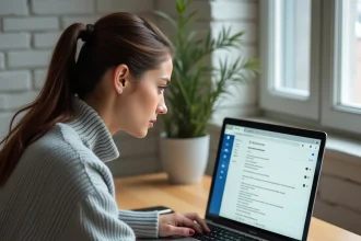 Femme configurant un transfert automatique d'emails sur une interface webmail depuis un laptop dans un bureau à domicile