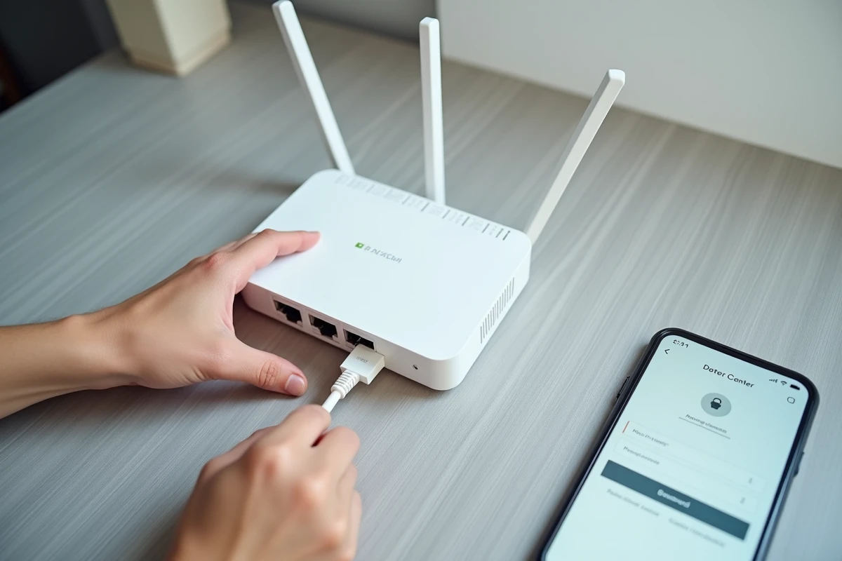Gros plan sur les mains connectant un câble Ethernet à une box internet lors d'une procédure de réinitialisation réseau