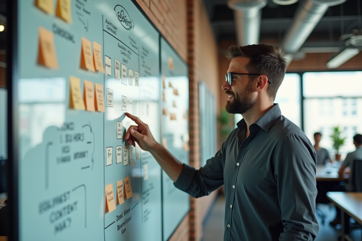 Consultant SEO présentant une stratégie de contenu et de maillage interne sur un tableau blanc dans une agence digitale