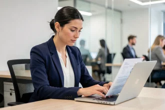 Femme professionnelle consultant un fichier ODT converti en DOCX sur son ordinateur portable au bureau, dans le cadre d'une réflexion sur la protection des données RGPD
