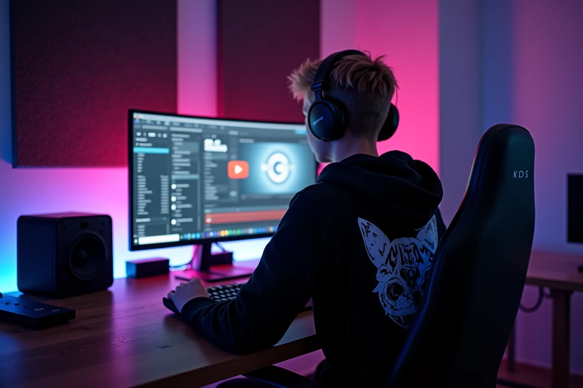 Adolescent convertissant une vidéo YouTube en fichier MP3 sur un double écran dans une chambre studio