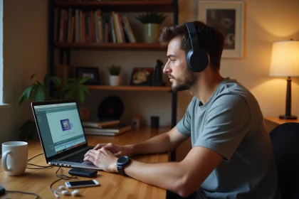Jeune homme avec un casque audio naviguant sur un convertisseur YouTube MP3 sur son ordinateur portable dans un bureau à domicile