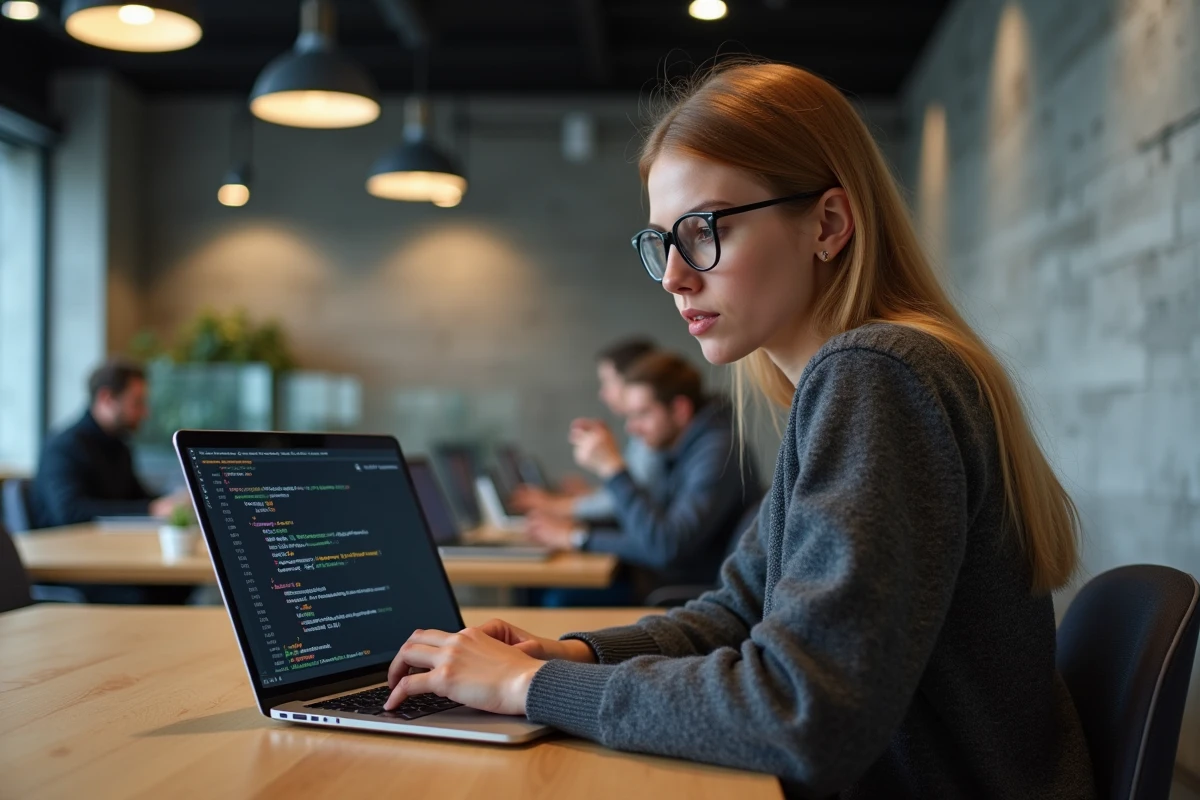 Jeune femme en coworking regardant son ordinateur portable