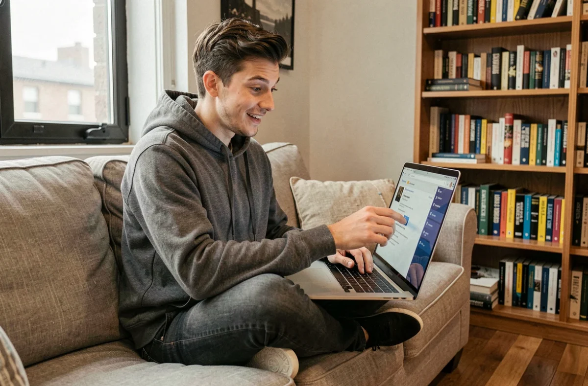 Jeune homme découvrant une nouvelle application de transfert de fichiers sur son ordinateur portable depuis son canapé