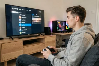 Homme tenant une manette PS5 DualSense en naviguant dans les paramètres d'accessibilité sur l'interface PlayStation 5 pour désactiver la synthèse vocale